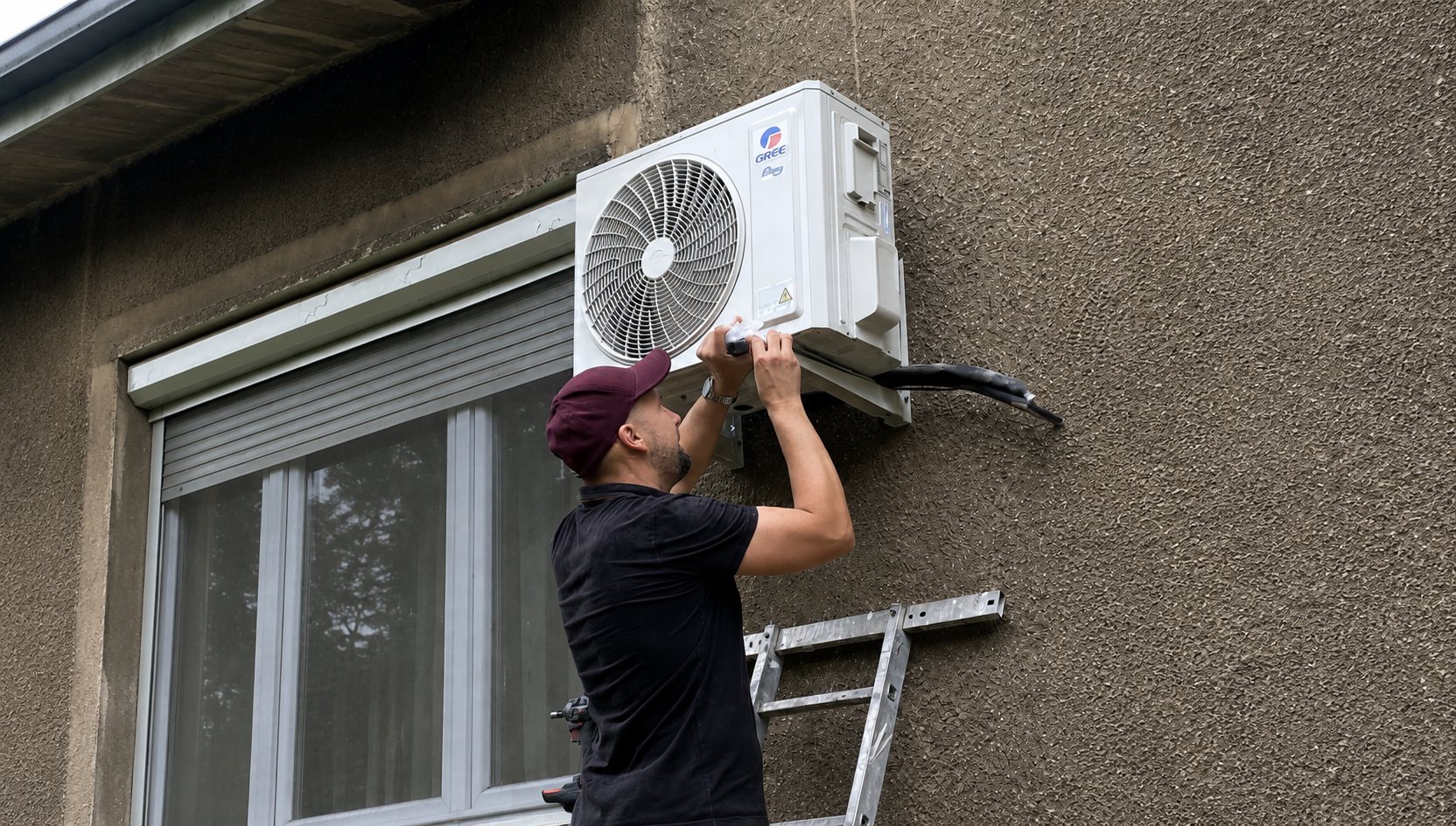 Klímaszerelő egy Gree kültéri egységet rögzít a ház falára
